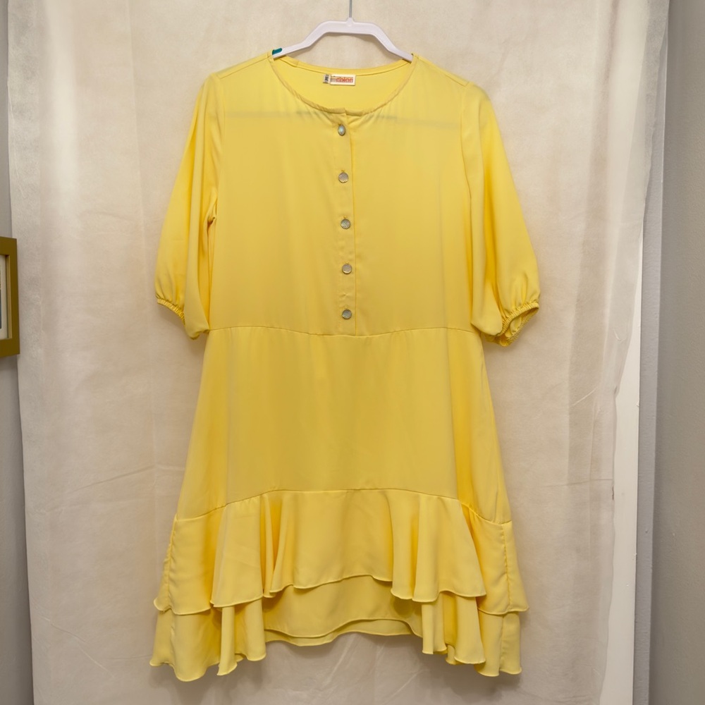 Yellow Ruffle Hem Dress Size M Button Front Belted Boho Flowy Mini Midi
